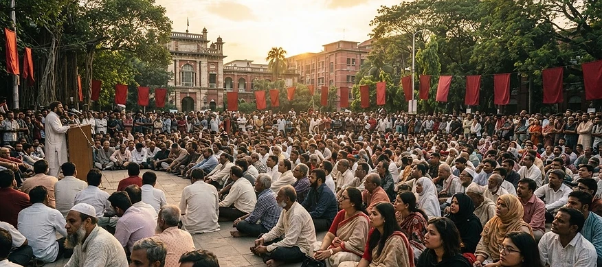 A wide peaceful democratic gathering in Dhaka under warm evening light